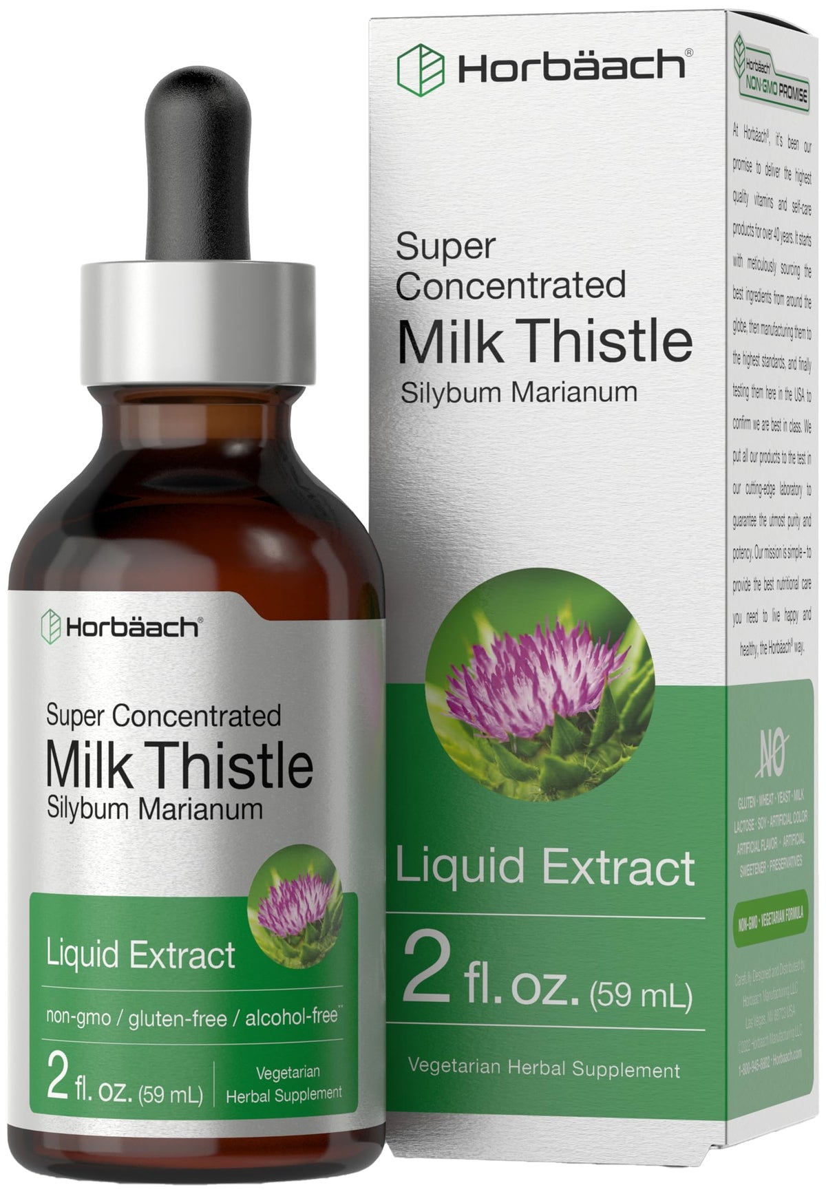 Horbaach Milk Thistle Liquid bottle highlights gluten-free, alcohol-free daily supplement use.