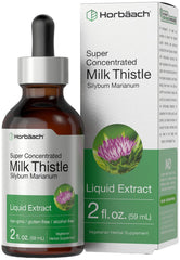 Horbaach Milk Thistle Liquid bottle highlights gluten-free, alcohol-free daily supplement use.