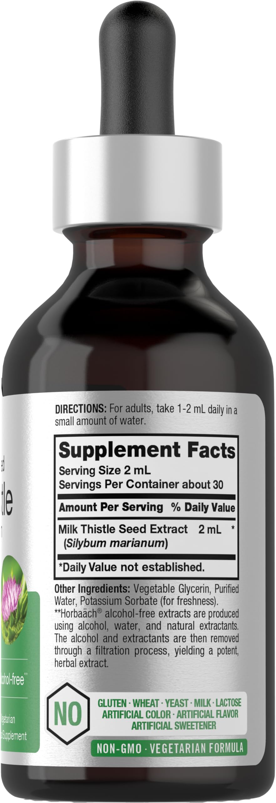 Pouring Horbaach Milk Thistle Liquid emphasizes convenient dosing for vegetarians.