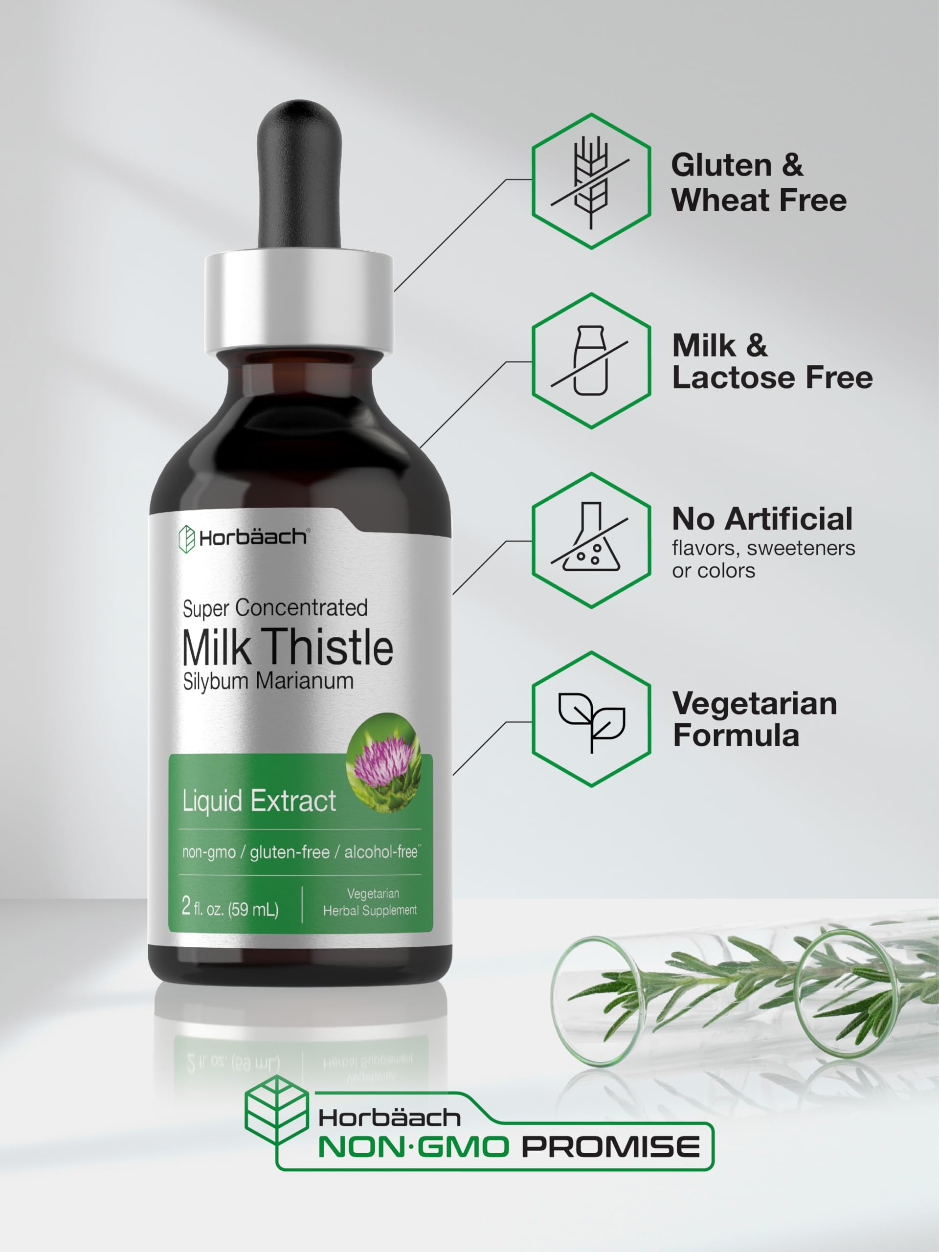 Dropper-ready Horbaach Milk Thistle Liquid bottle implies precise, easy dosing.