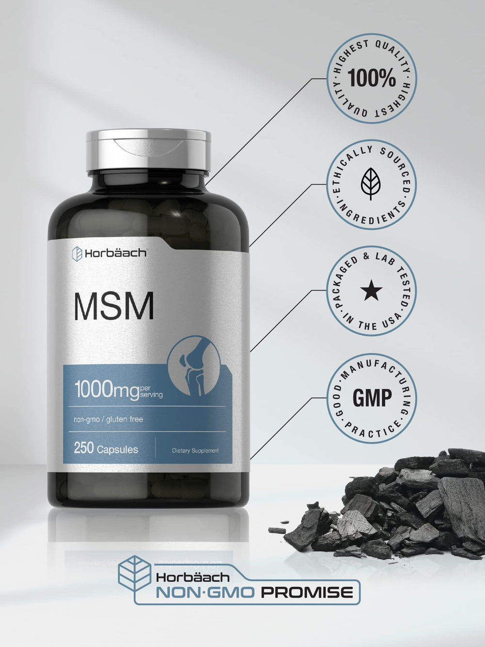 Horbäach MSM non-GMO and gluten-free badge signaling clean ingredients