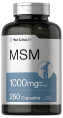 Horbäach MSM supplement bottle front shows 1000 mg per serving for daily use
