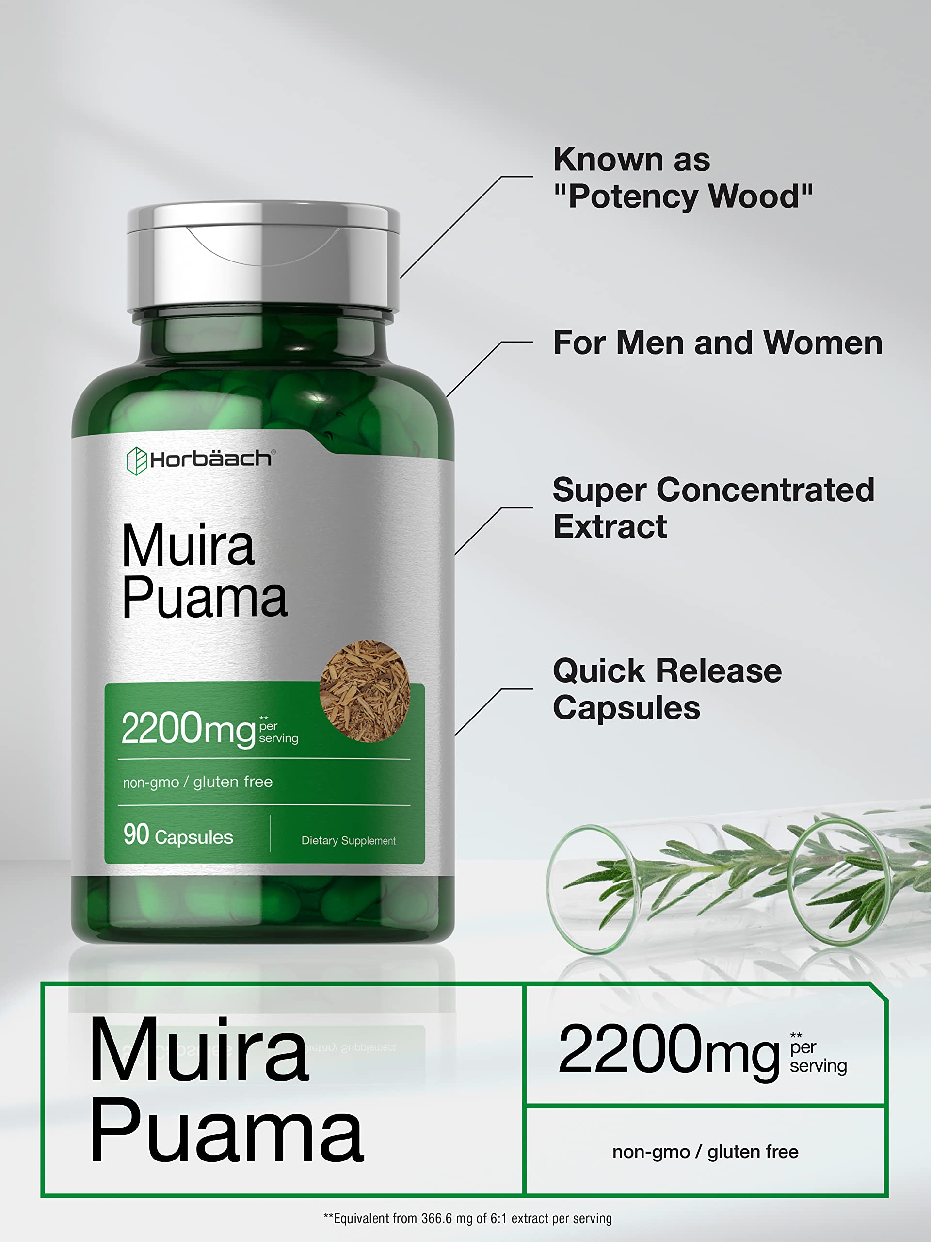 Horbäach Muira Puama label packaging highlighting gluten-free and non-GMO pledge