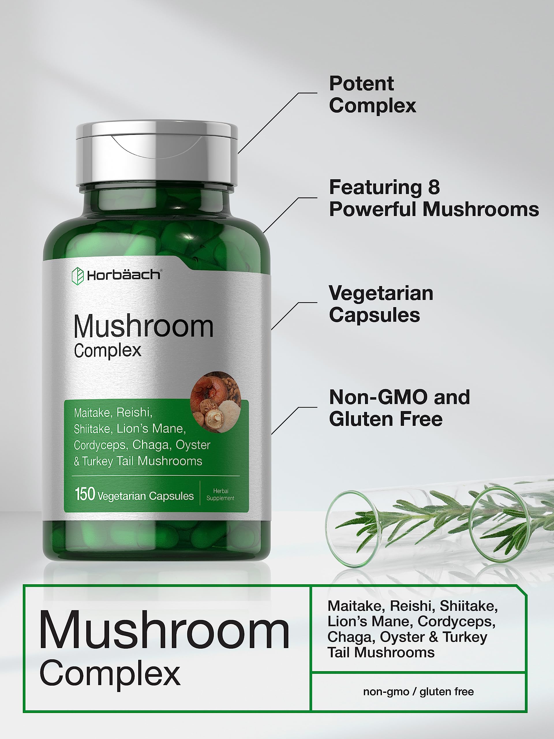 Horbäach Mushroom Complex capsules closeup highlights convenient, soft capsules