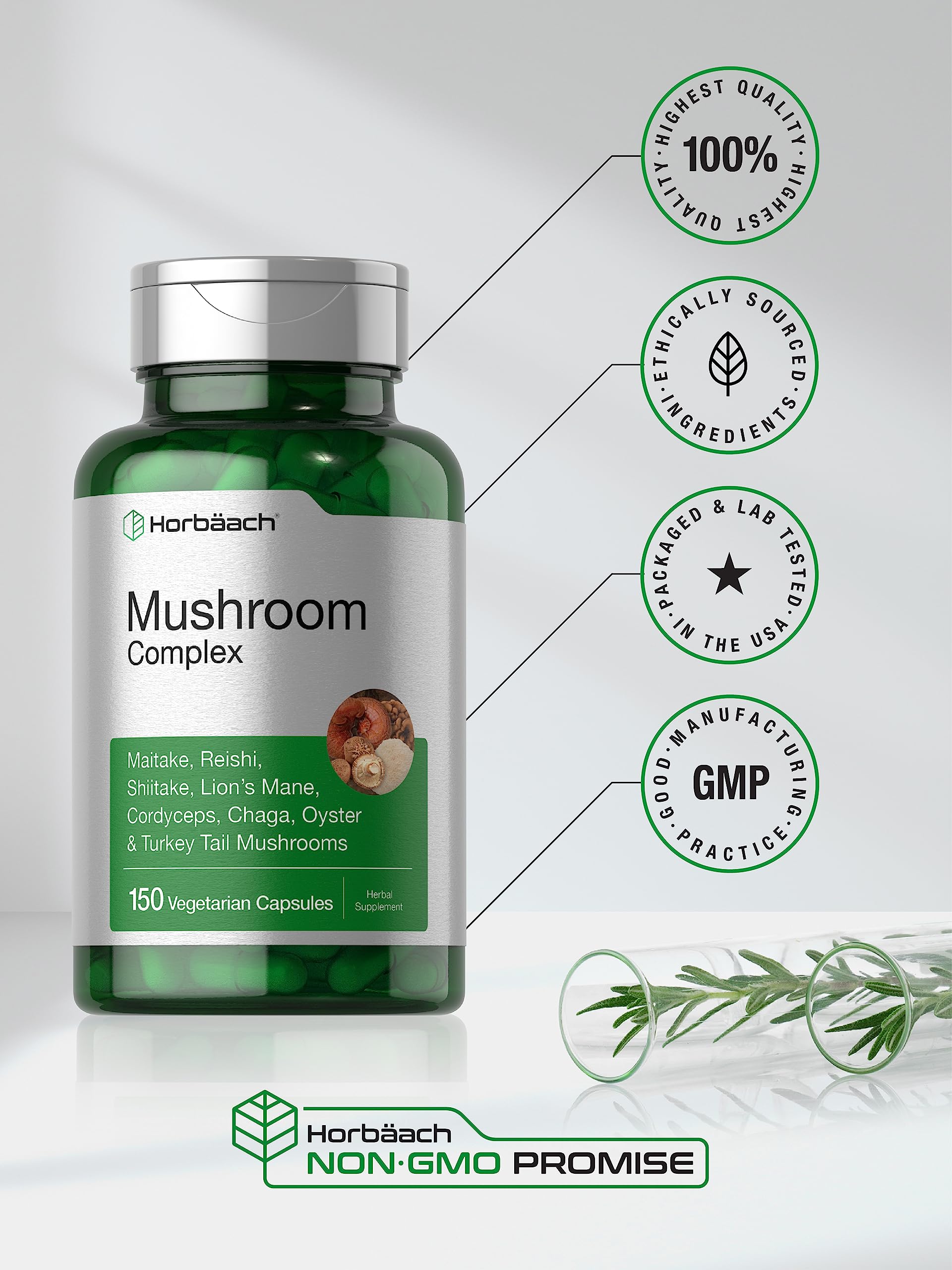 Horbäach Mushroom Complex packaging on shelf conveys purity and premium quality