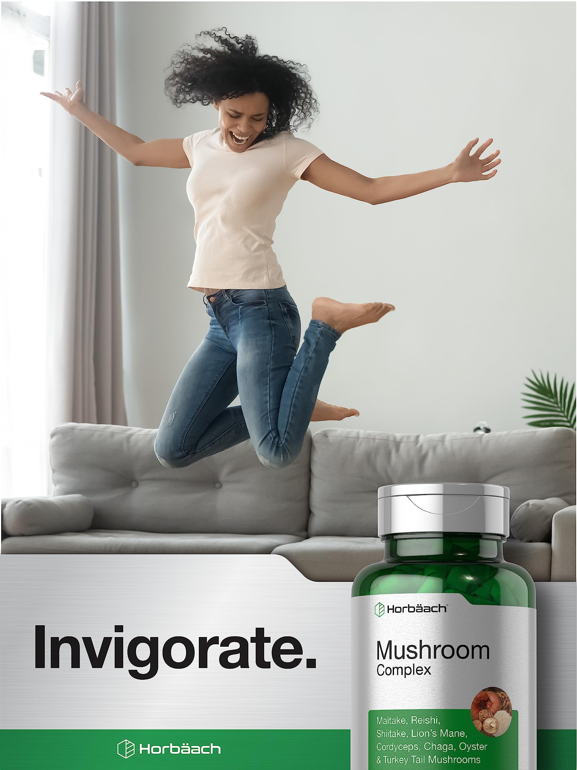 Horbäach Mushroom Complex serving shown with bottle for daily routine