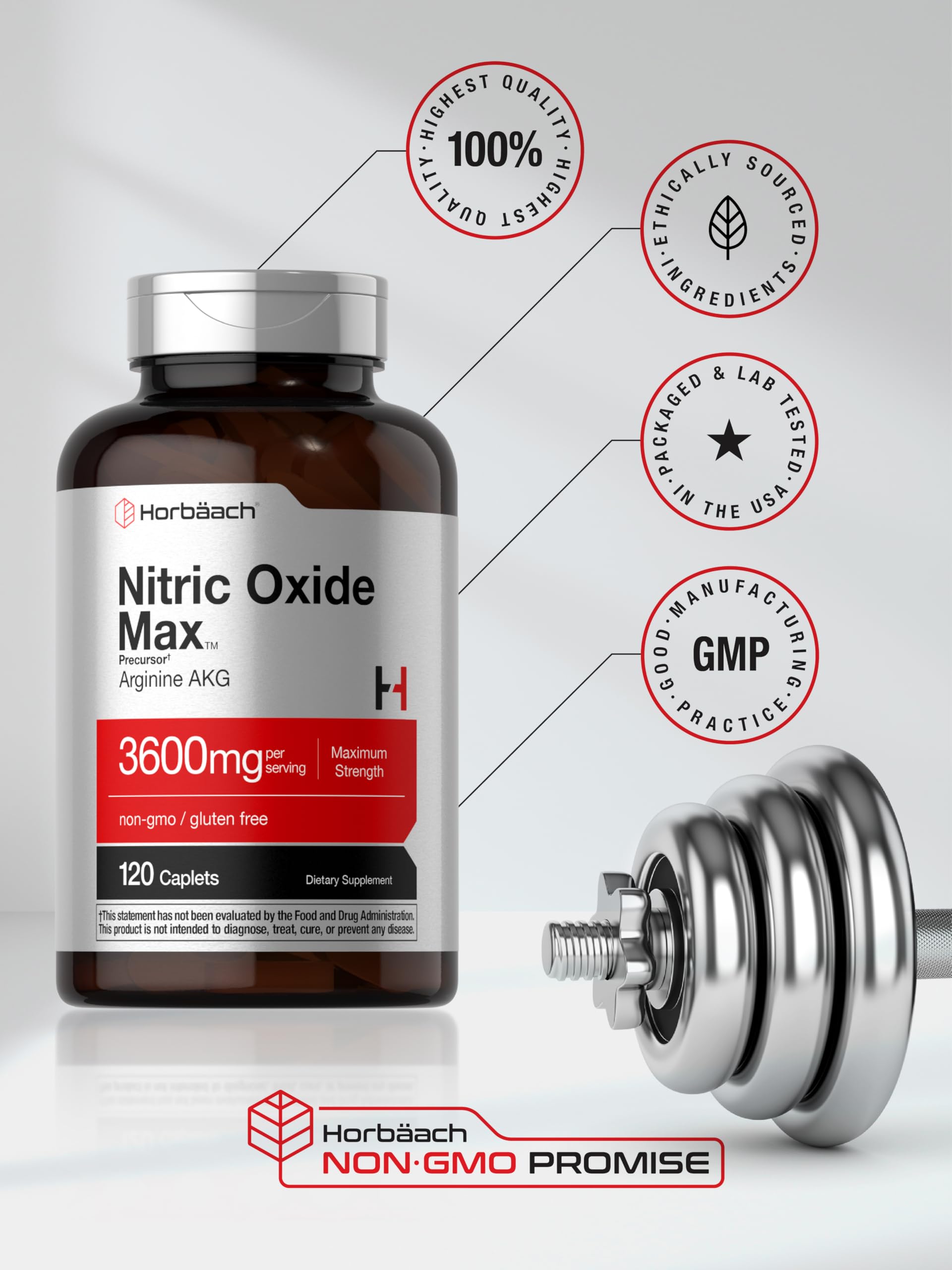 Horbäach Nitric Oxide Max nutrition facts card on bottle