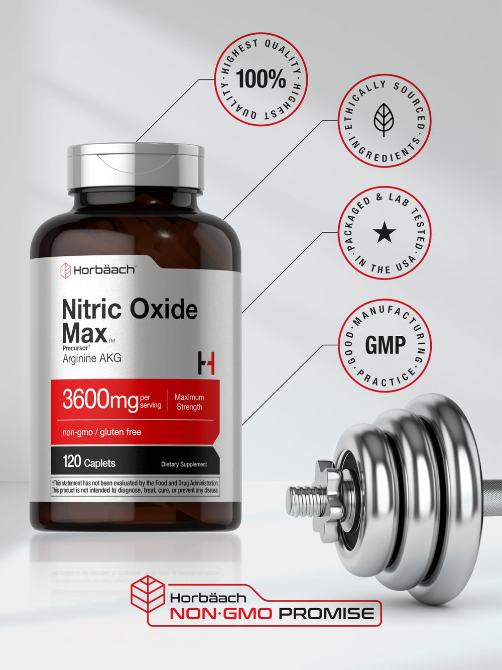 Horbäach Nitric Oxide Max nutrition facts card on bottle