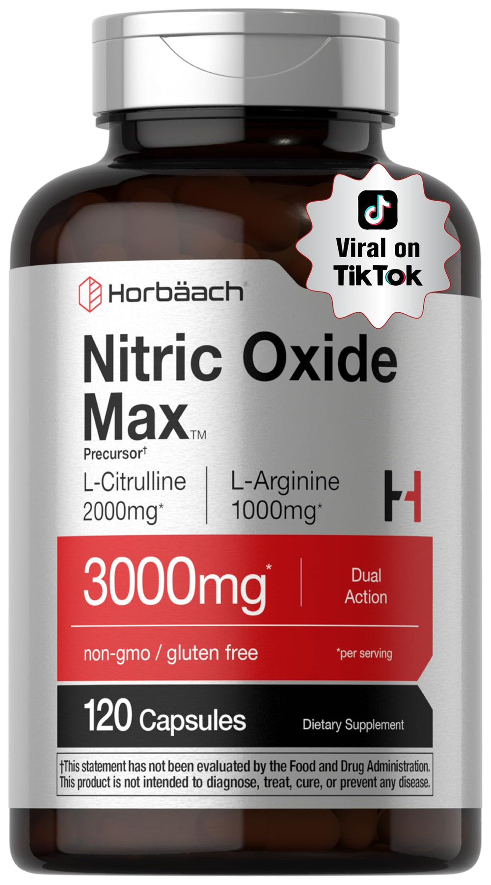 Horbäach Nitric Oxide Supplement bottle with capsules for daily workouts.