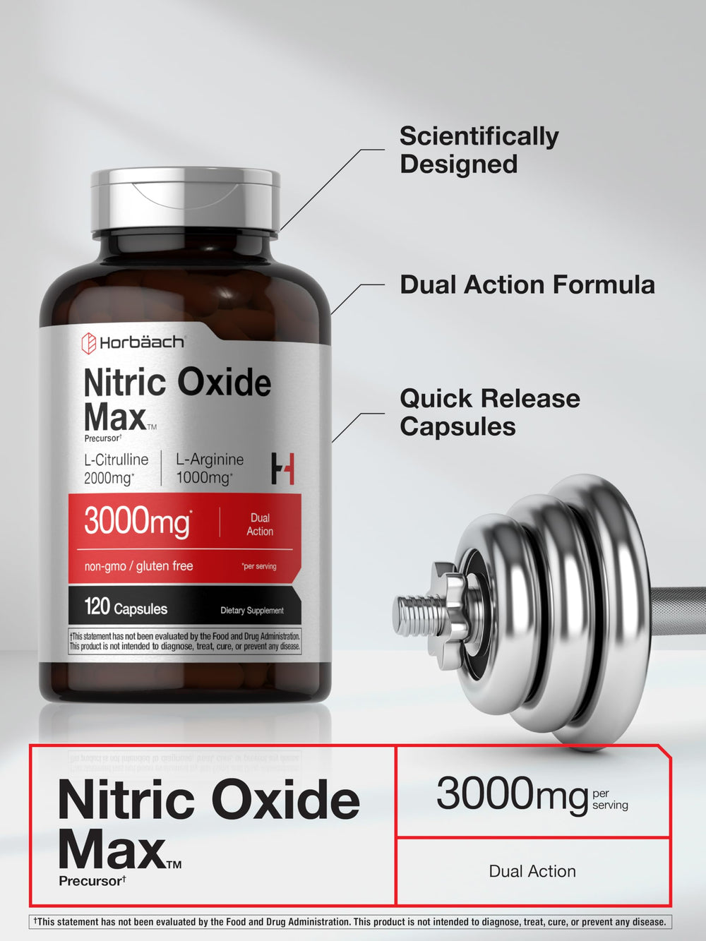 Horbäach Nitric Oxide capsules ready for daily pre-workout routines.