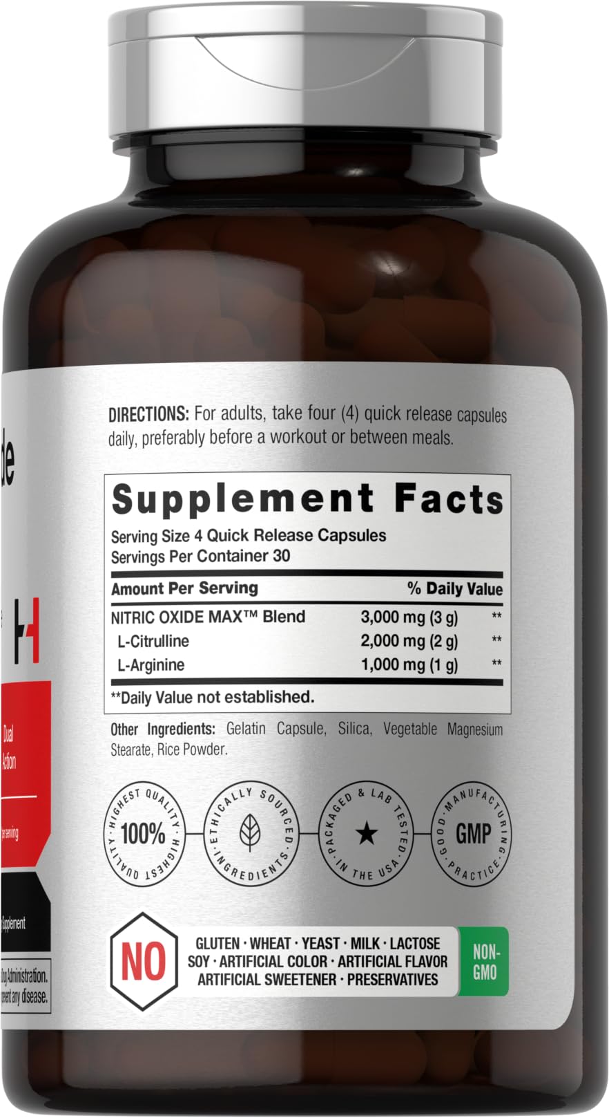 Horbäach Nitric Oxide Supplement label showing ingredients and dosage information.