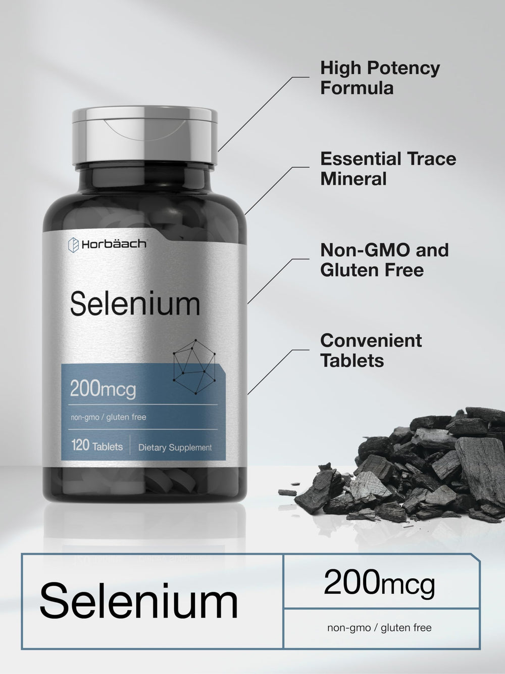 Horbäach non-GMO gluten-free supplement tablets highlighted for purity.