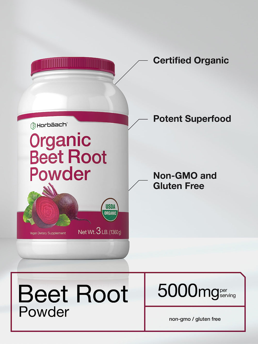 Horbäach Organic Beet Root Powder close-up highlights fine texture for shakes.