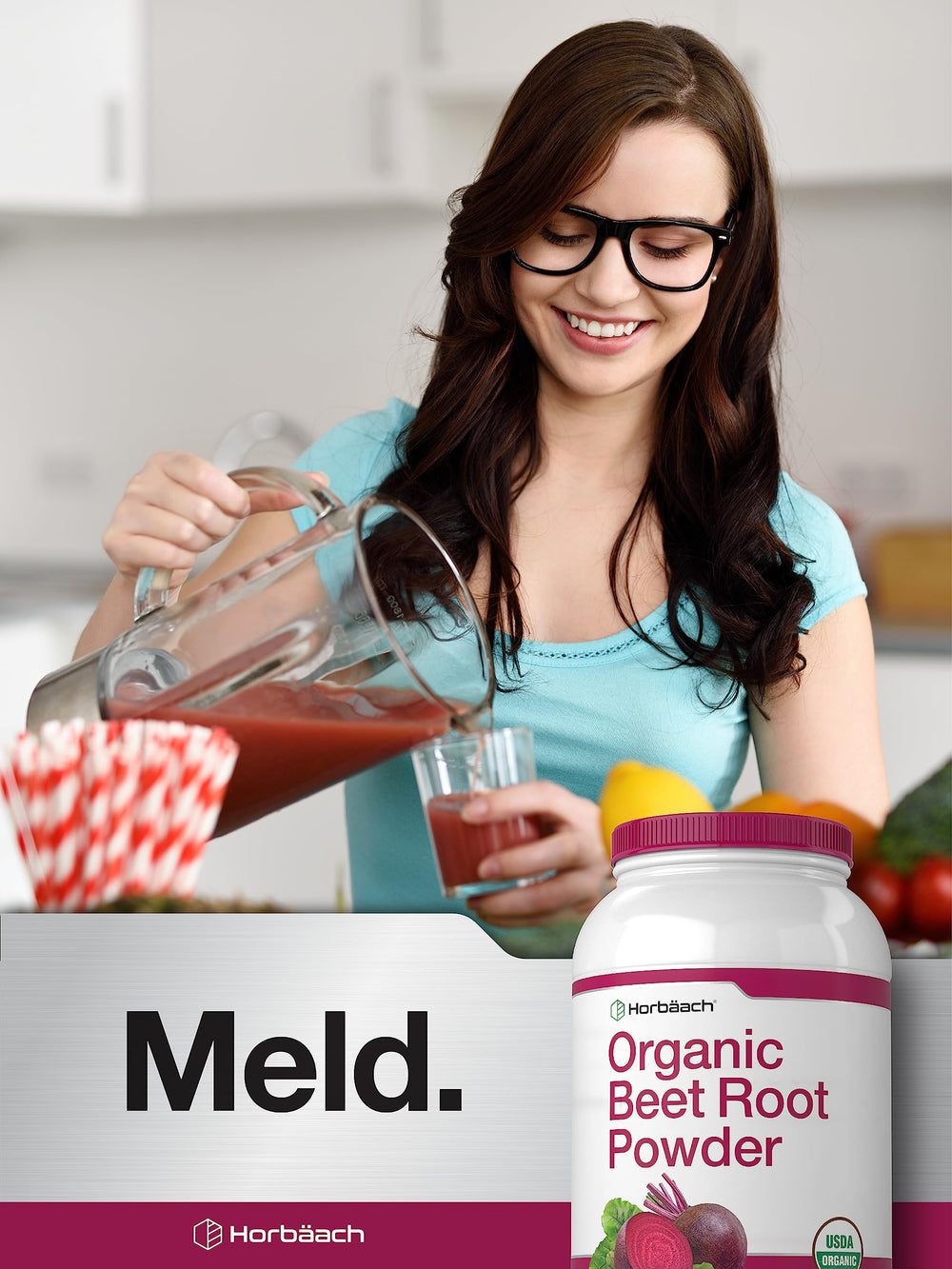 Horbäach Organic Beet Root Powder label highlights non-GMO and gluten-free features.