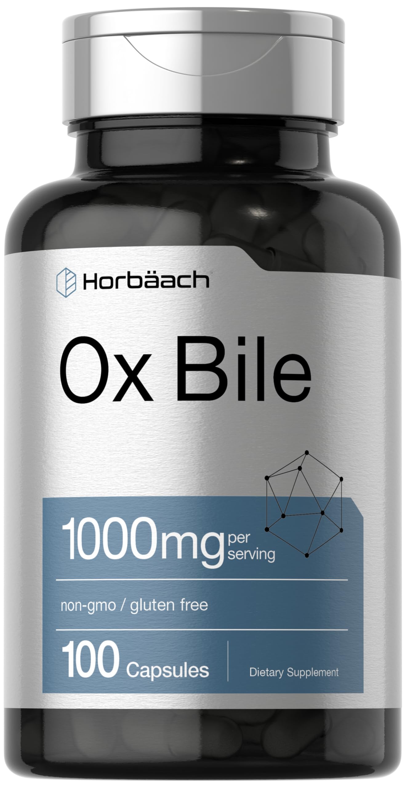 Horbäach Ox Bile supplement bottle label shows 1000 mg per serving for convenient dosing