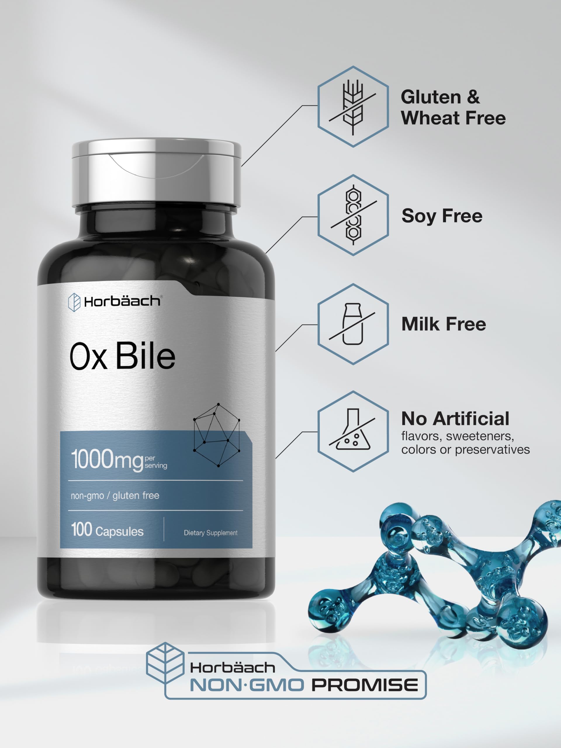 Daily-use Horbäach Ox Bile bottle shown beside a glass of water