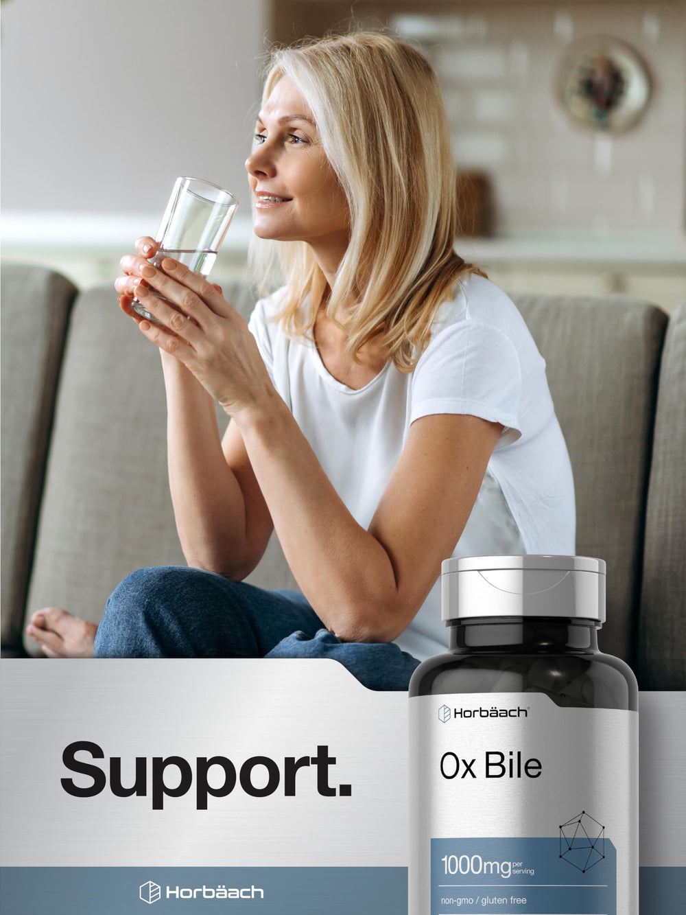 Glass Horbäach Ox Bile bottle on a table emphasizing packaging quality