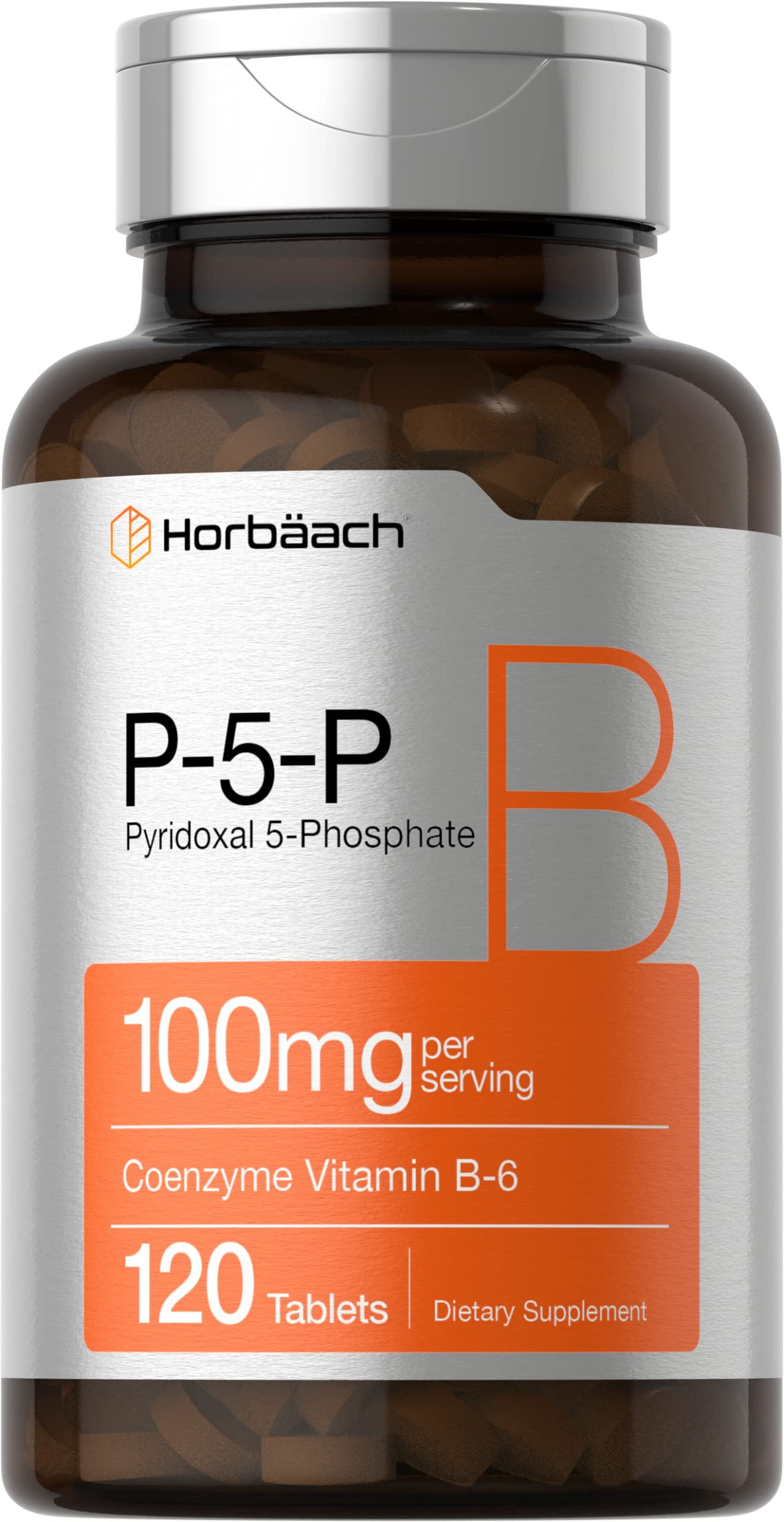 Horbäach P5P bottle front view, vegetarian vitamin B6 supplement in daily routine.