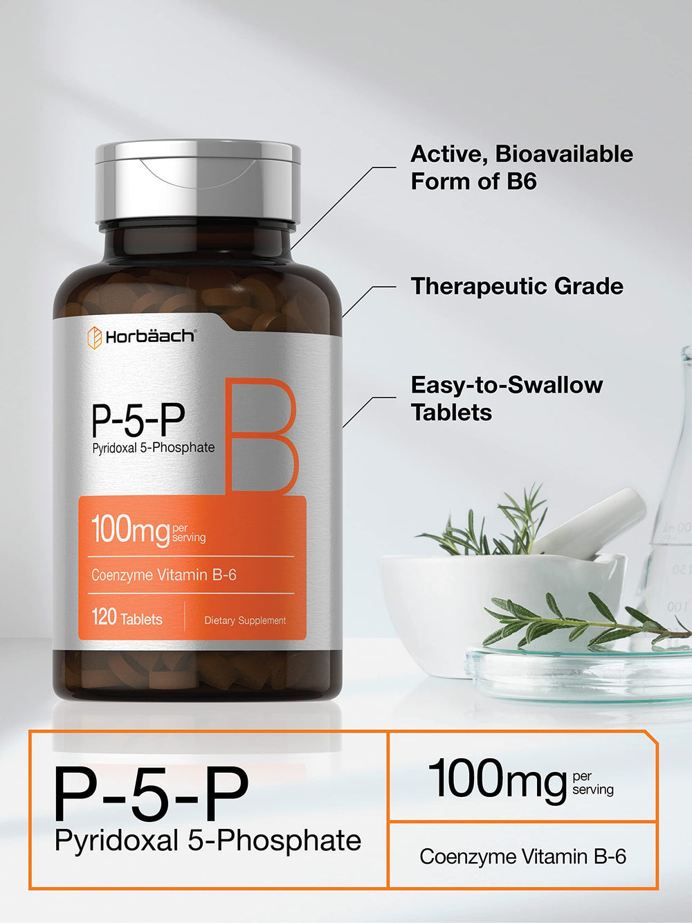 Horbäach P5P label close-up, shows non-GMO and gluten-free attributes.