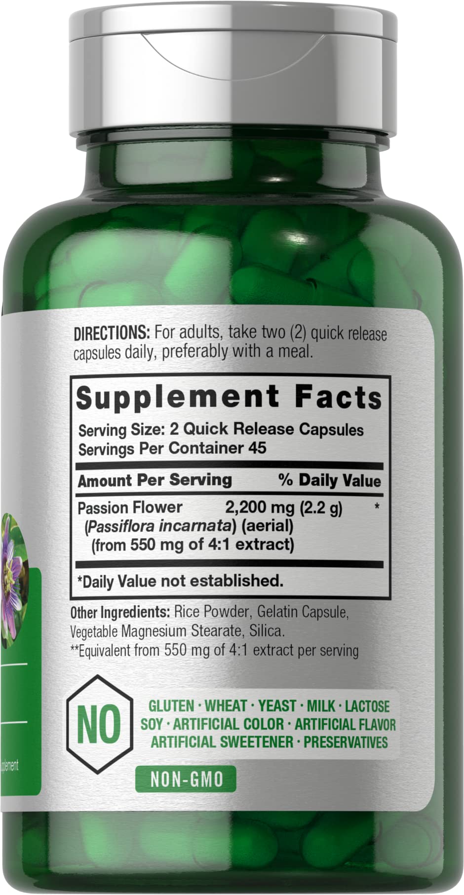 Horbäach Passion Flower Capsules label highlights non-GMO and gluten-free qualities.