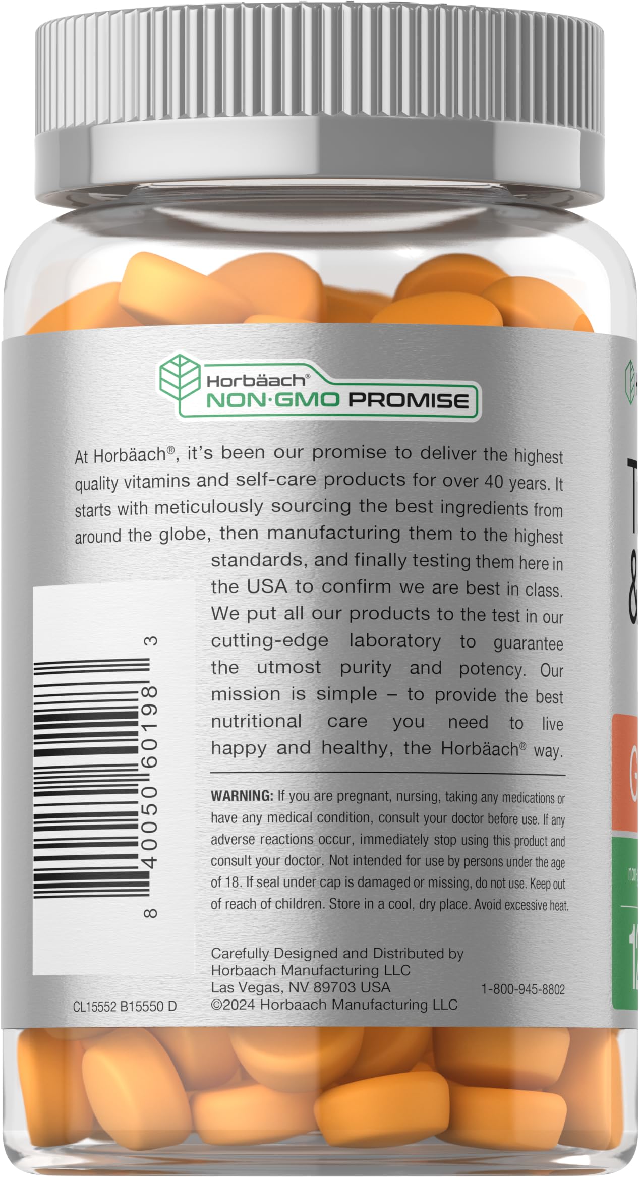 Horbäach peach flavored gummies pack, vegan and non-GMO ingredients showcased