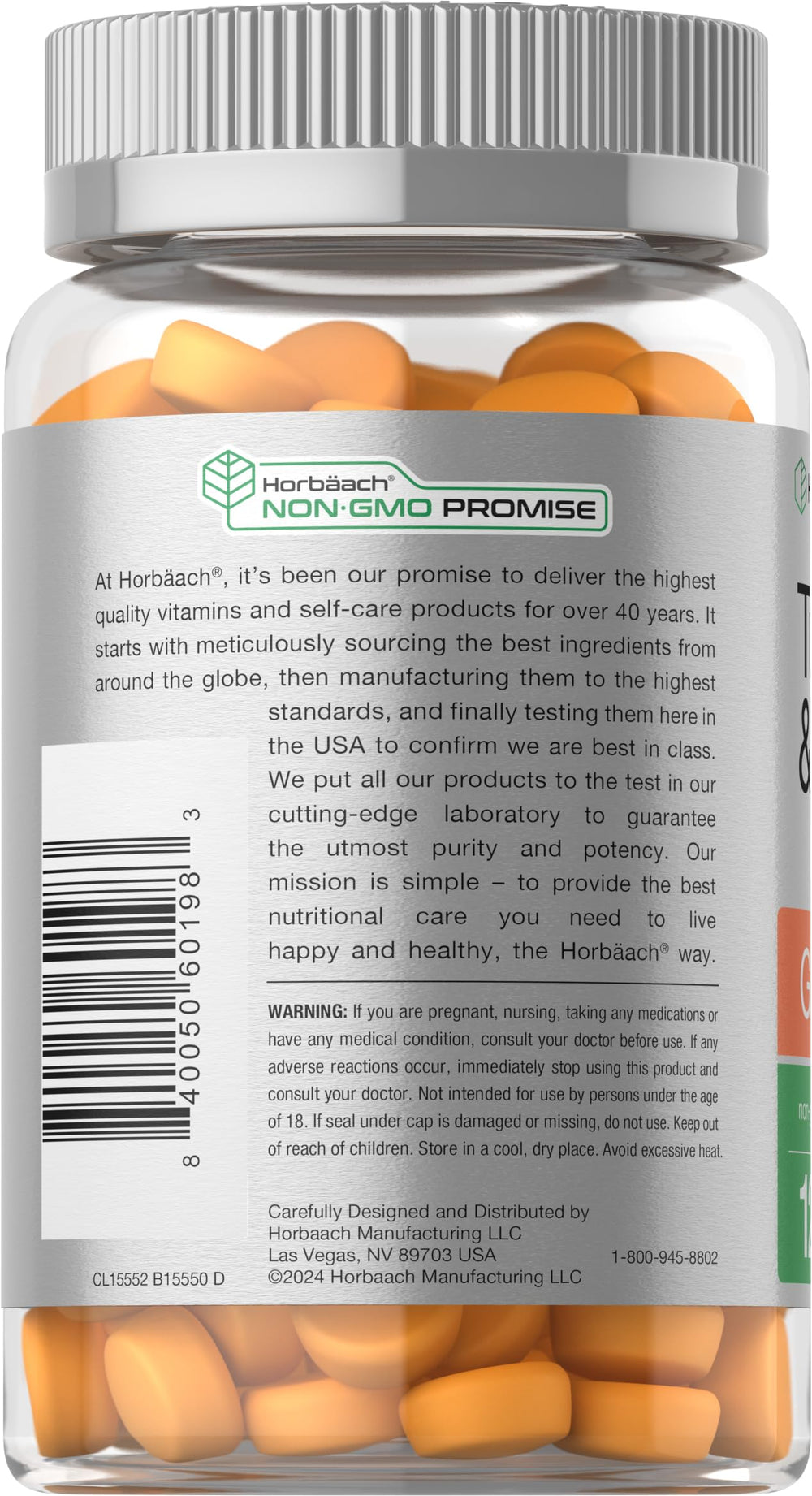 Horbäach peach flavored gummies pack, vegan and non-GMO ingredients showcased