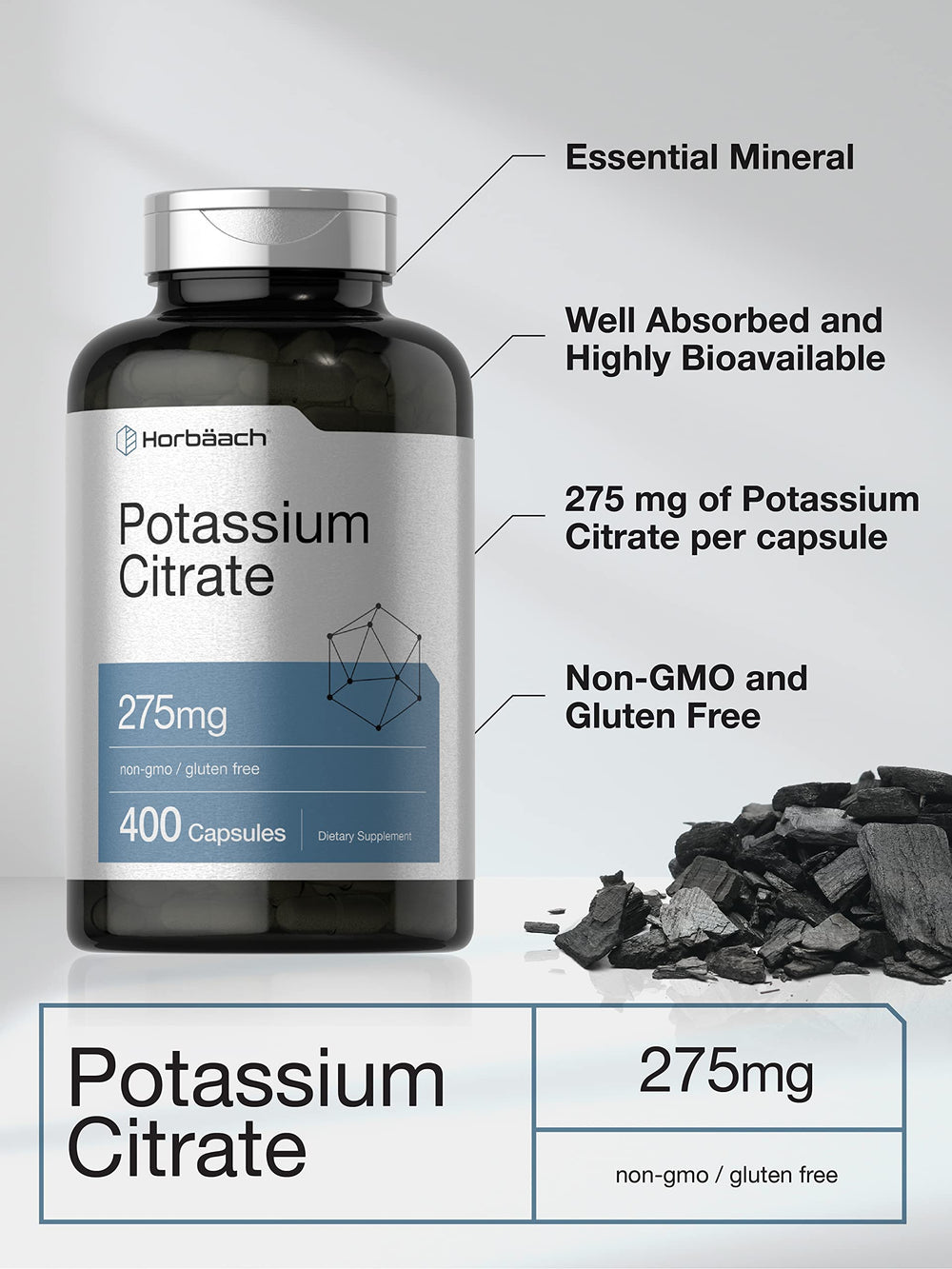 Horbäach Potassium Citrate 275 mg label with ingredients.