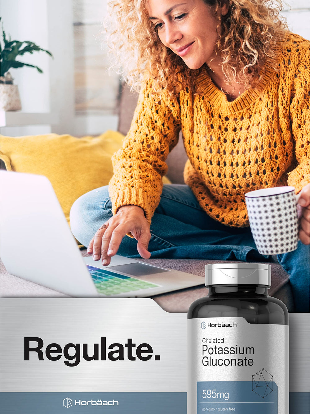 Horbäach Chelated Potassium Gluconate box featuring vegan-friendly, gluten-free formulation.