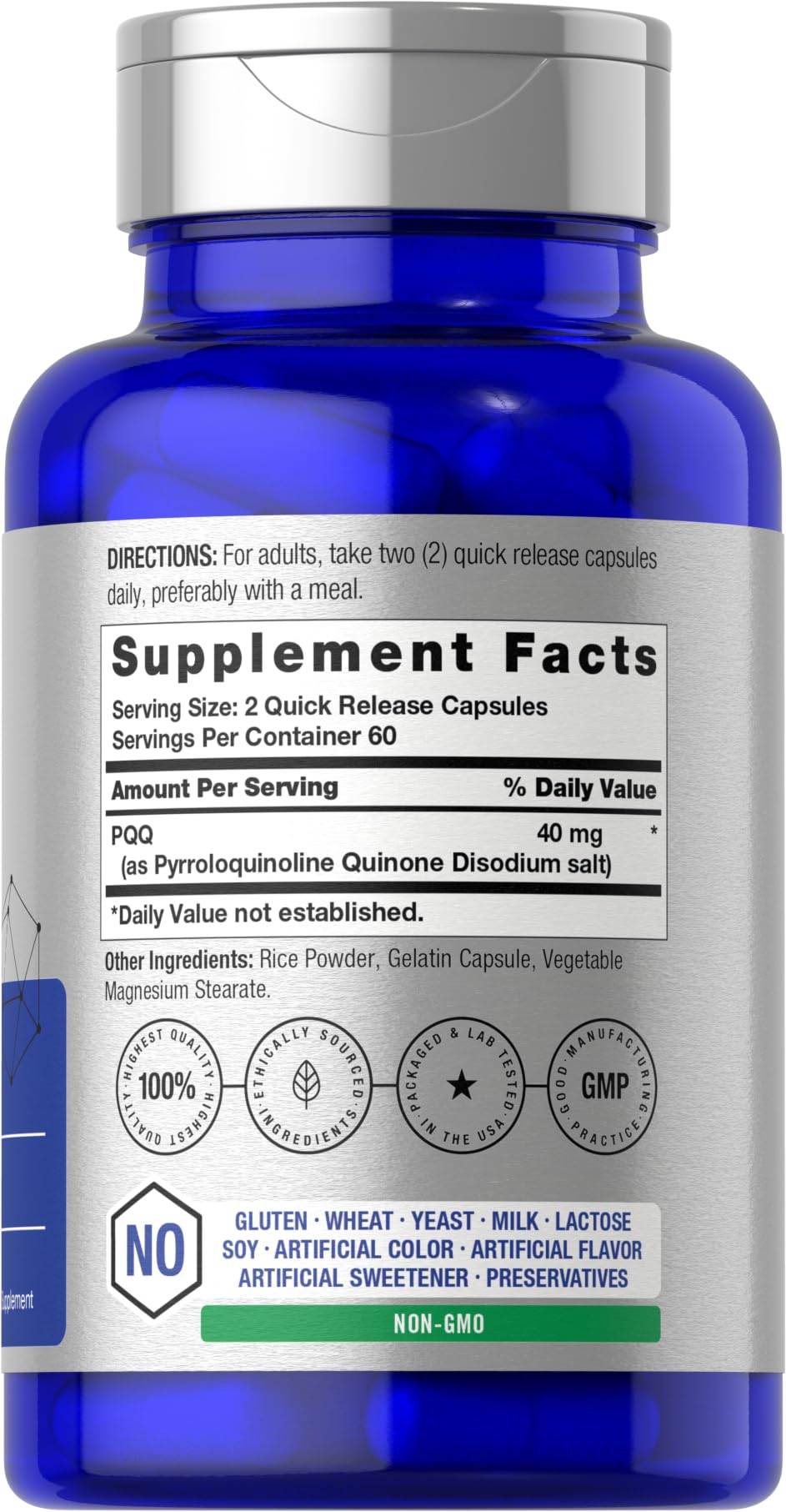 Horbäach PQQ capsules contain 40 mg in a gluten-free formula