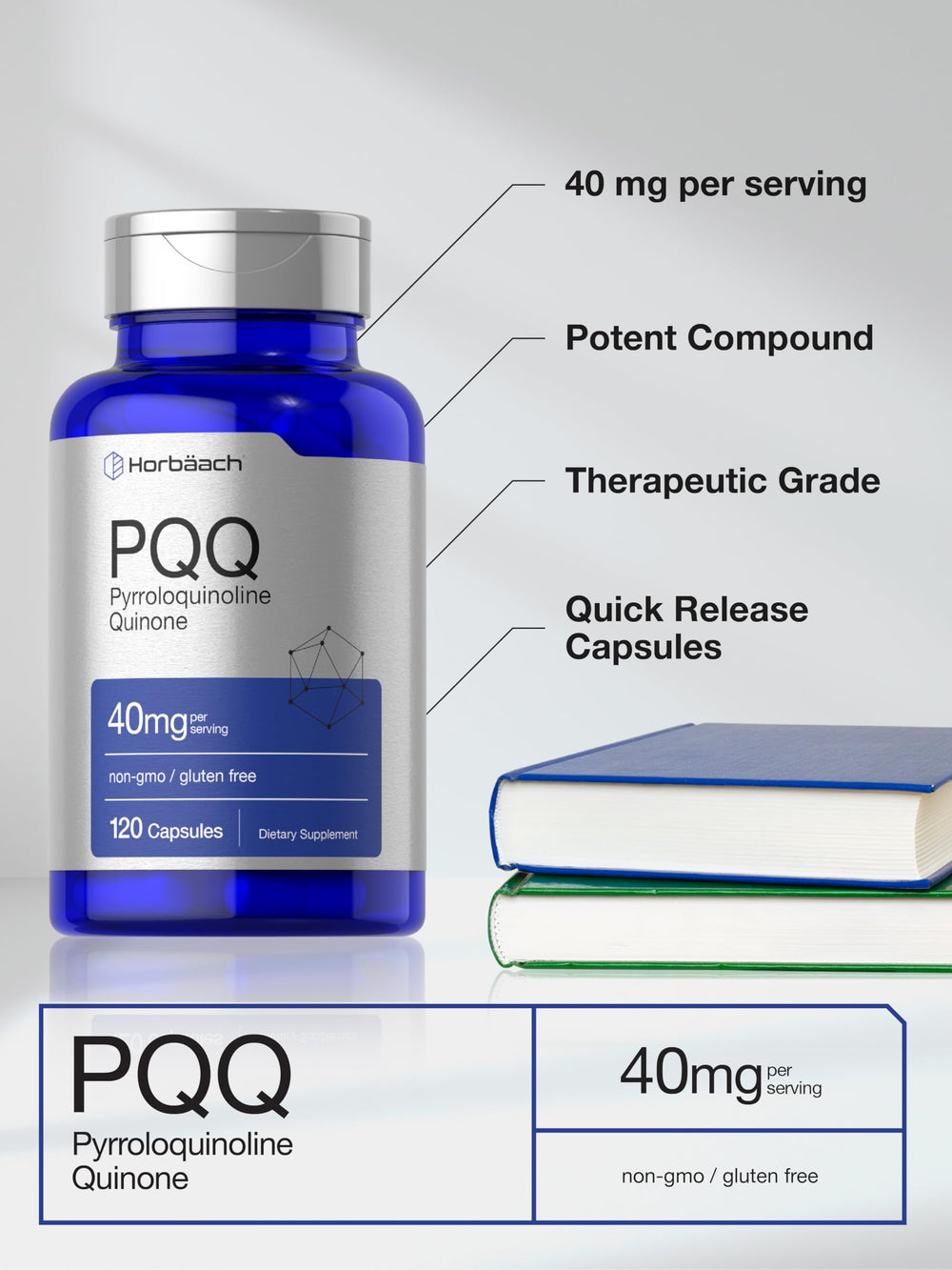 Horbäach PQQ bottle highlights gluten-free, allergen-free ingredients