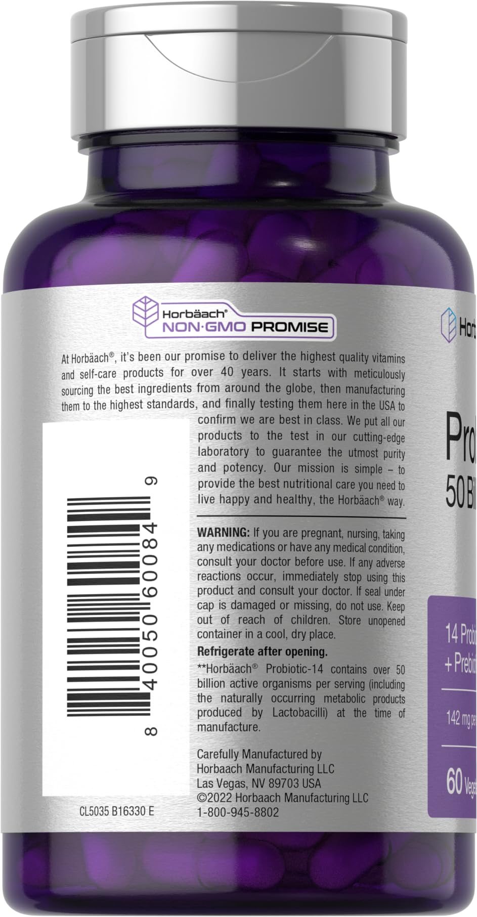 Horbaach Probiotics label highlights 14 strains for diverse digestive balance.