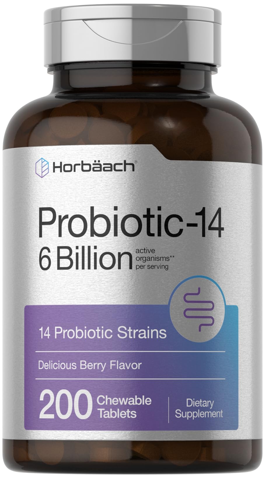 Horbäach Probiotics bottle showing 6 Billion CFUs for daily gut balance.