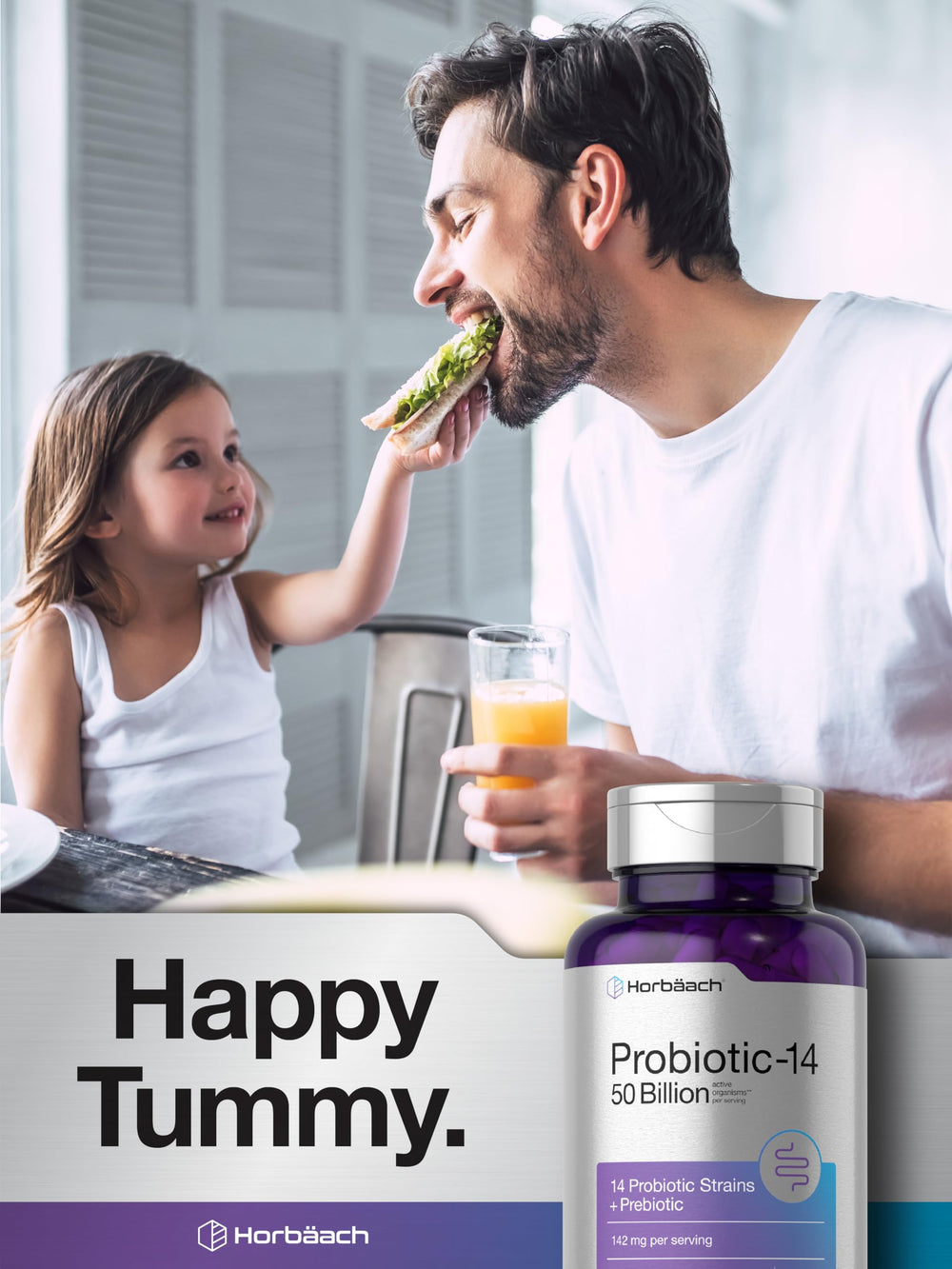 Horbaach Probiotics capsules image showcases diverse strains for daily balance.