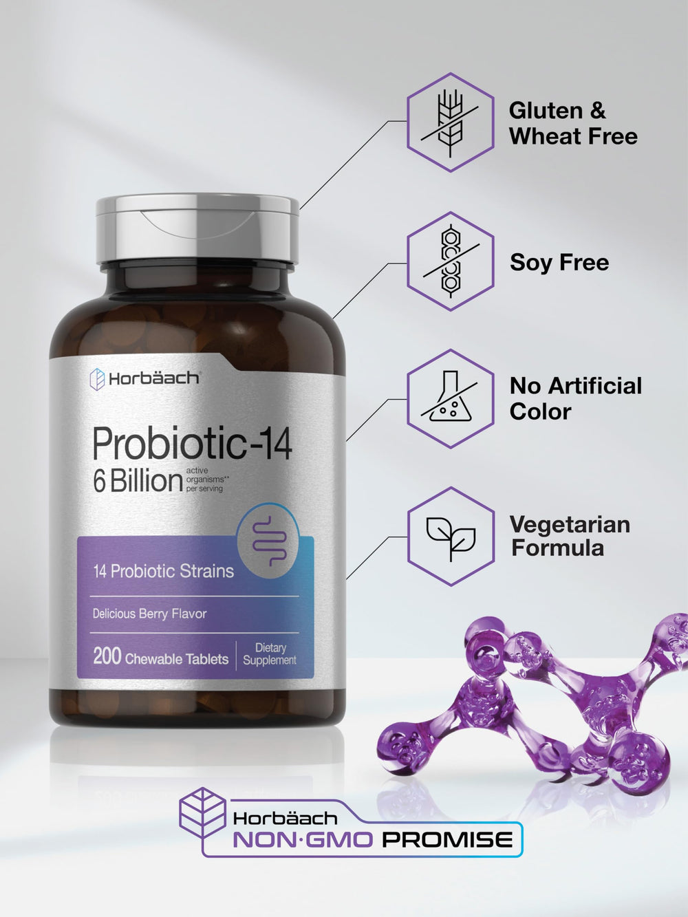 Horbäach Probiotics gluten-free non-GMO label signals clean dietary choice.