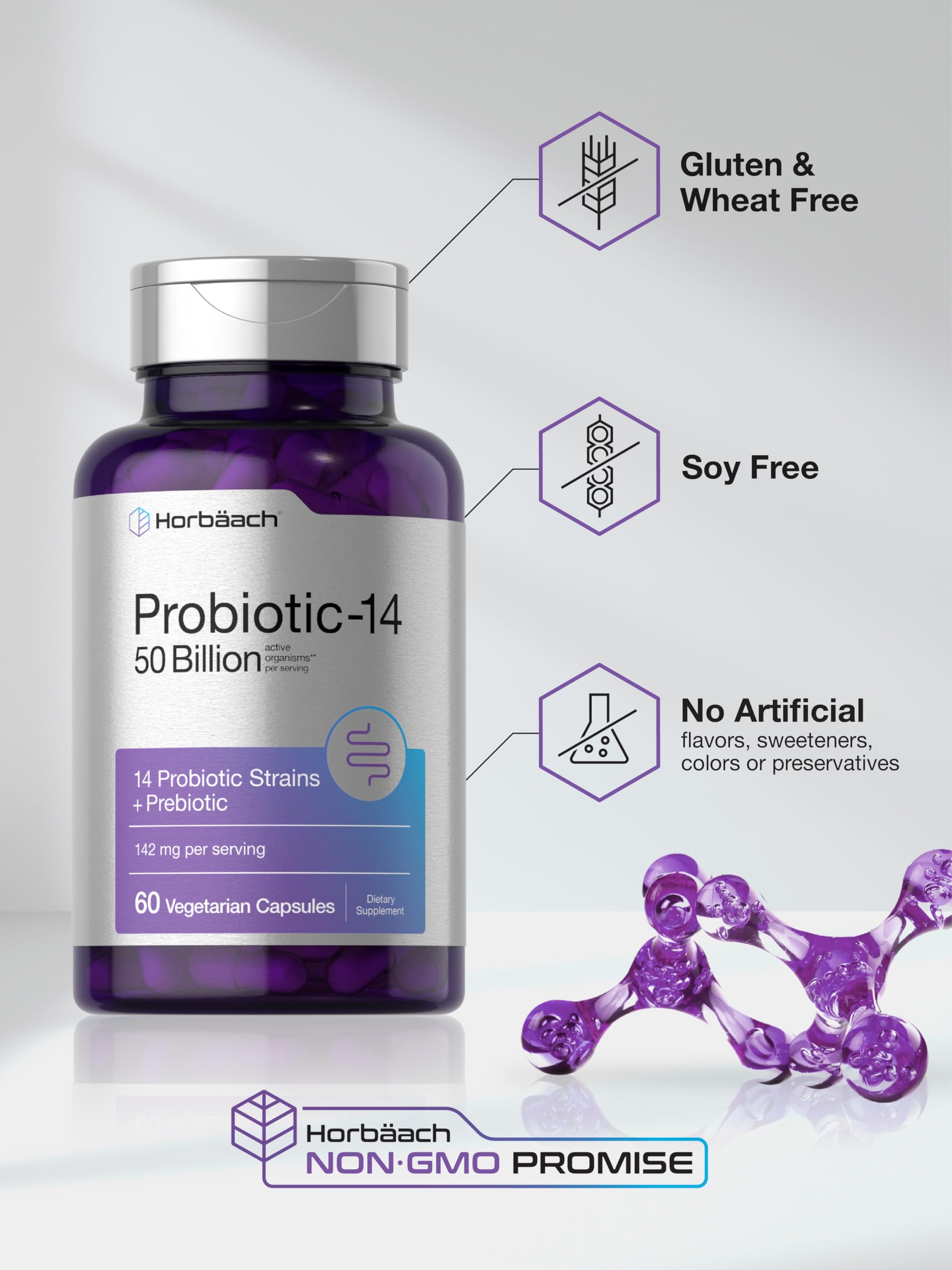 Horbaach Probiotics graphic confirms gluten-free and non-GMO formulation.