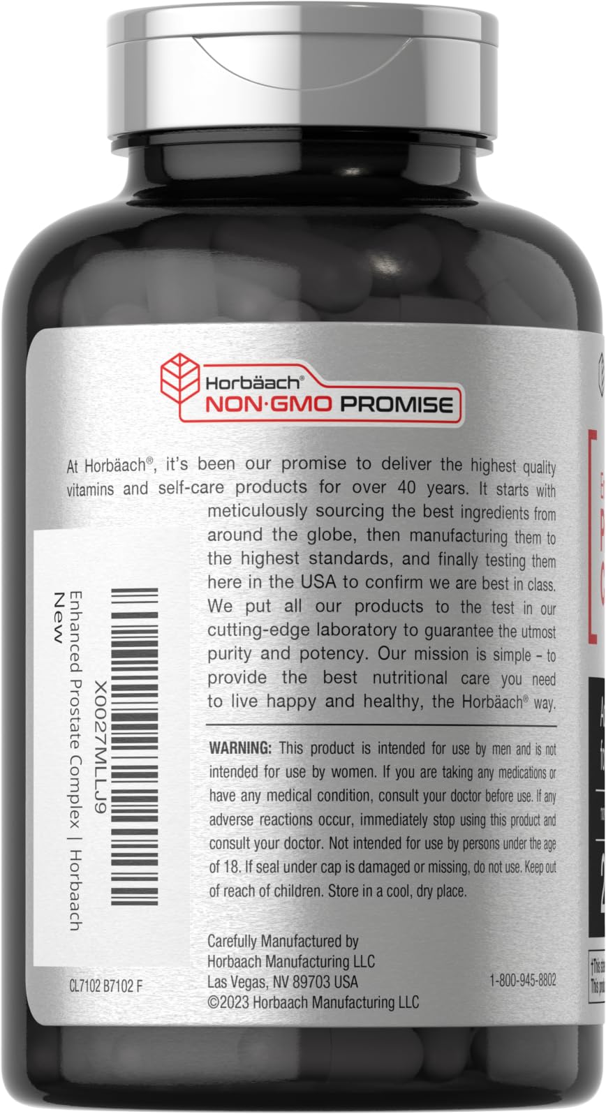 Close-up of Horbaach Prostate Support label with ingredient highlights