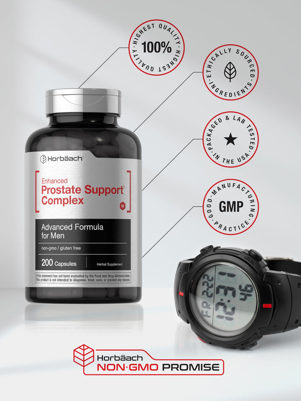 Non-GMO and gluten-free badge on Horbaach Prostate Support packaging