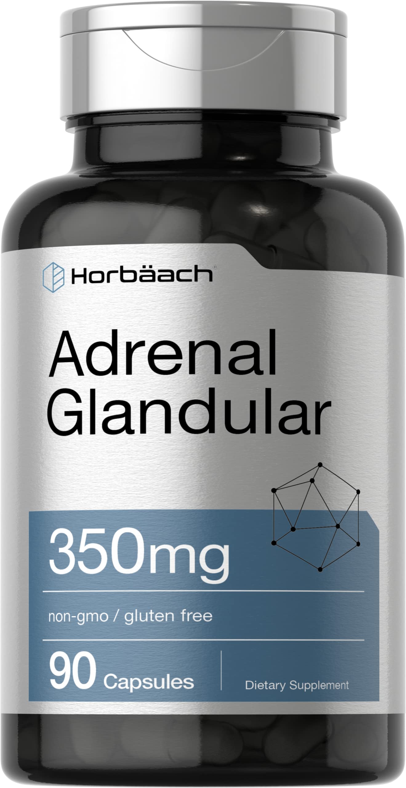 Horbäach Raw Adrenal Glandular bottle shows 350 mg capsules for daily support.