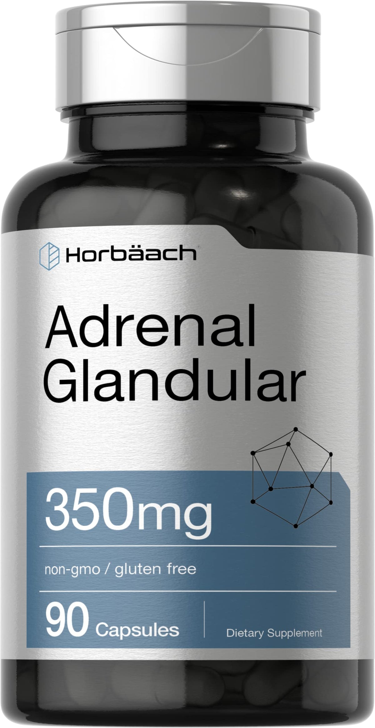 Horbäach Raw Adrenal Glandular bottle shows 350 mg capsules for daily support.
