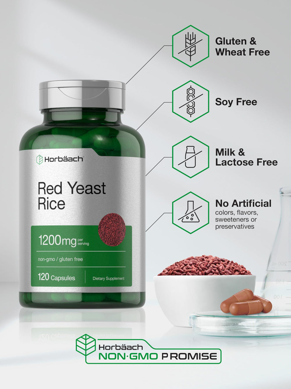 Gluten-free icon on Horbäach Red Yeast Rice packaging.