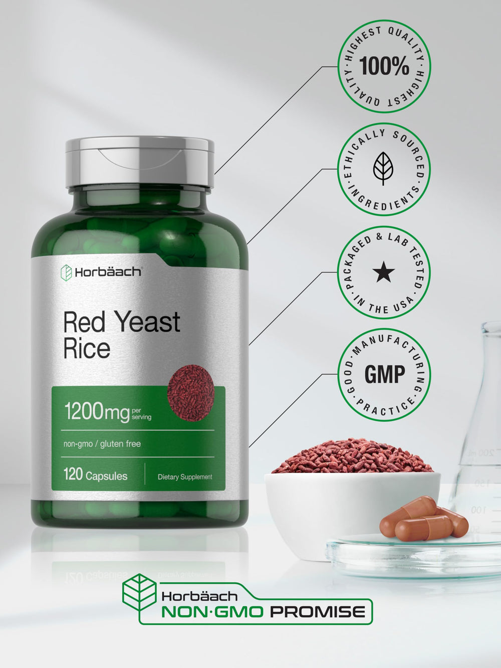 Lab-tested seal near Horbäach Red Yeast Rice bottle.