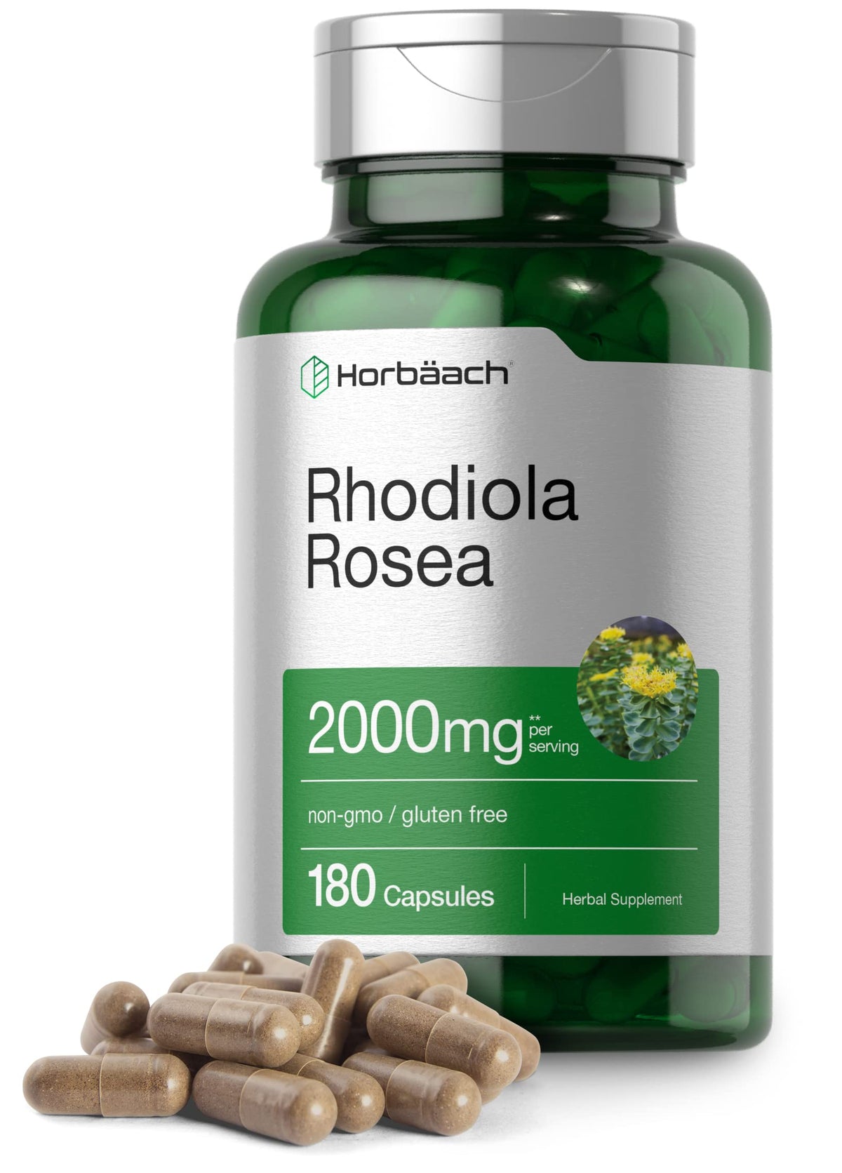Horbäach Rhodiola Rosea capsules bottle highlighting gluten-free, non-GMO formulation for daily use.
