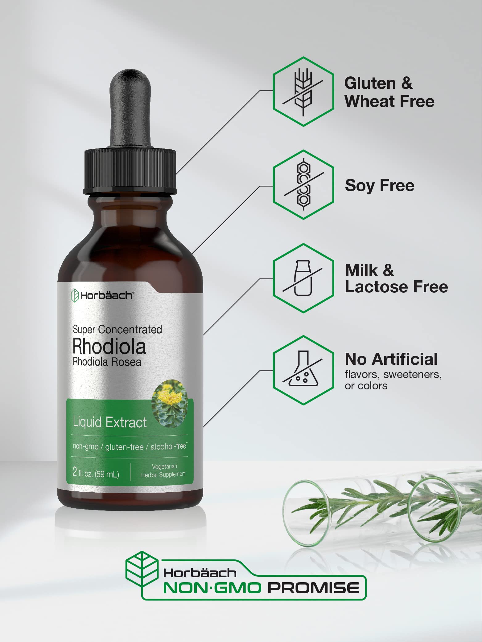 Horbaach Rhodiola Rosea tincture amber bottle — light protection helps preserve potency.