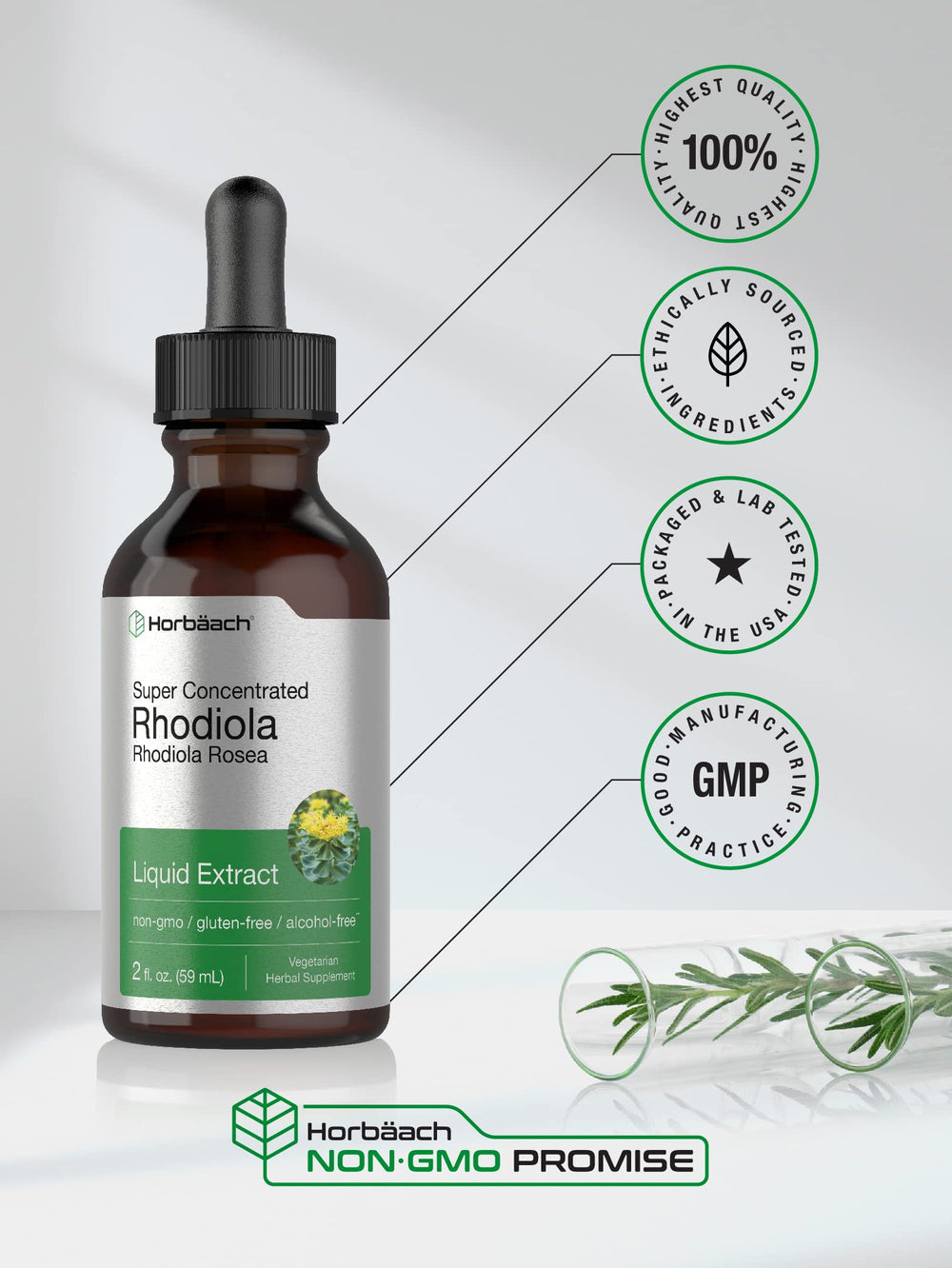 Horbaach Rhodiola Rosea tincture ingredients — gluten-free, non-GMO, vegetarian formulation.