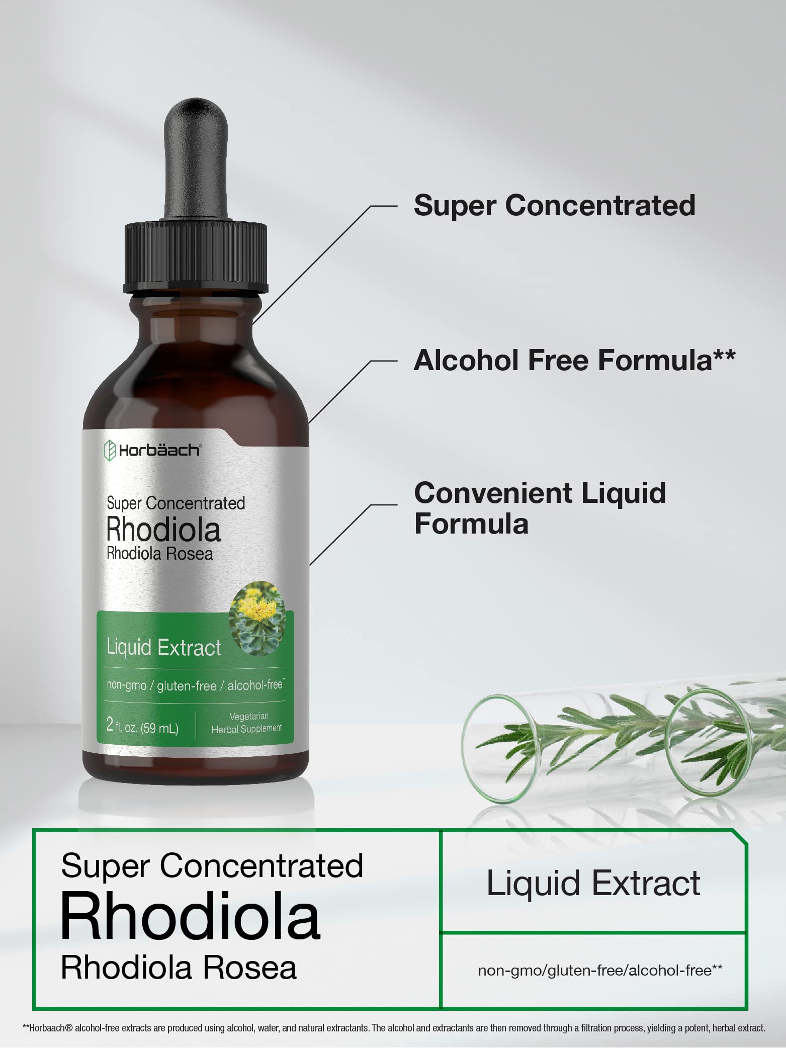 Horbaach Rhodiola Rosea tincture label — clear product details for informed choices.