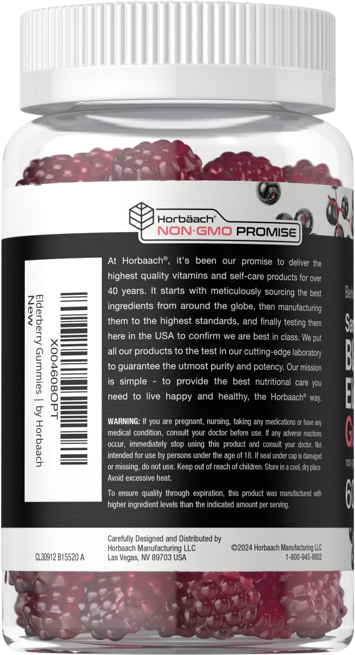 Close-up of Horbaach Sambucus elderberry gummies with vibrant color and berry flavor.