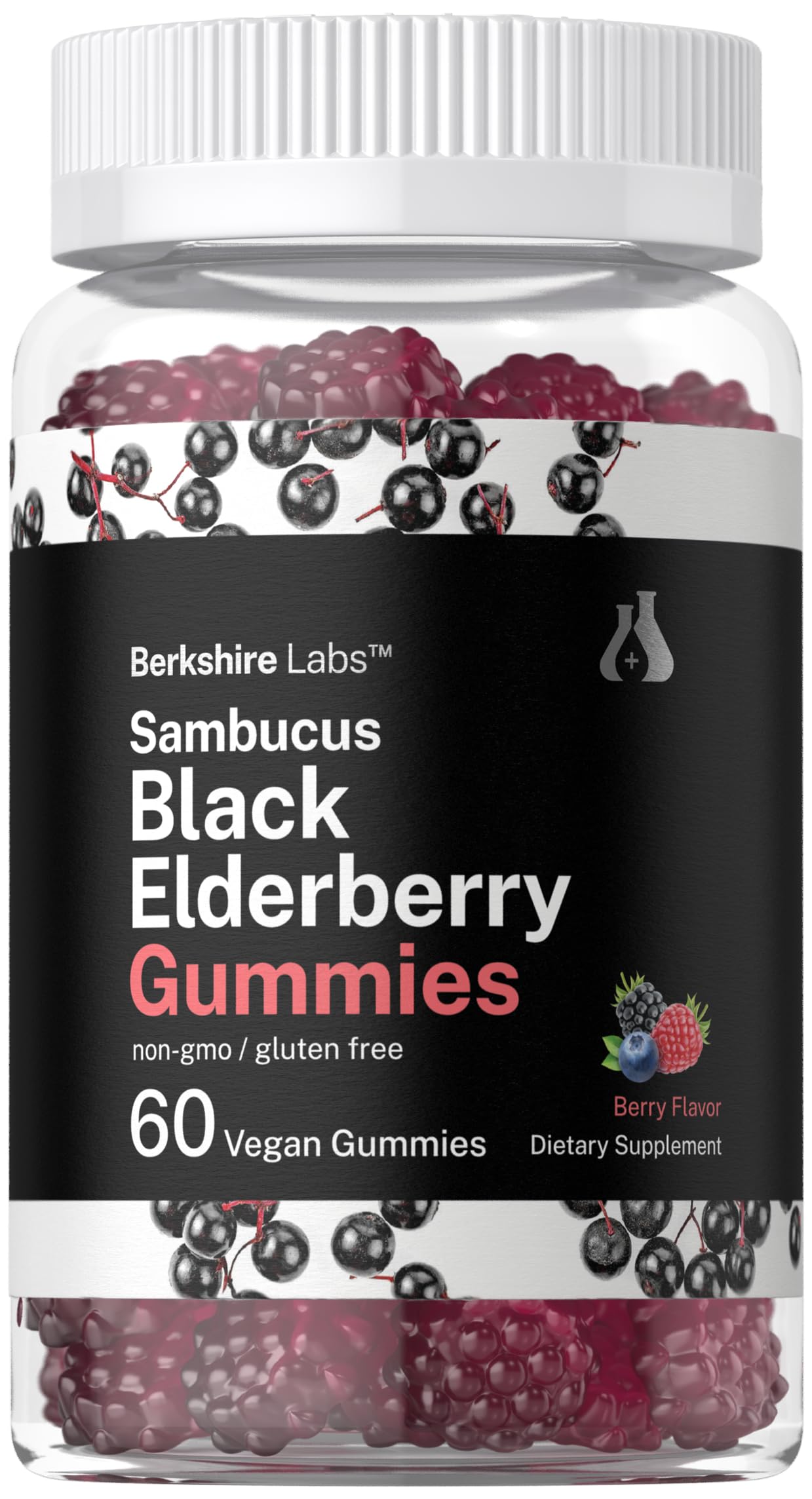 Horbaach Sambucus Elderberry Gummies bottle showcases berry flavor and vegan formula.