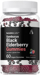 Horbaach Sambucus Elderberry Gummies bottle showcases berry flavor and vegan formula.