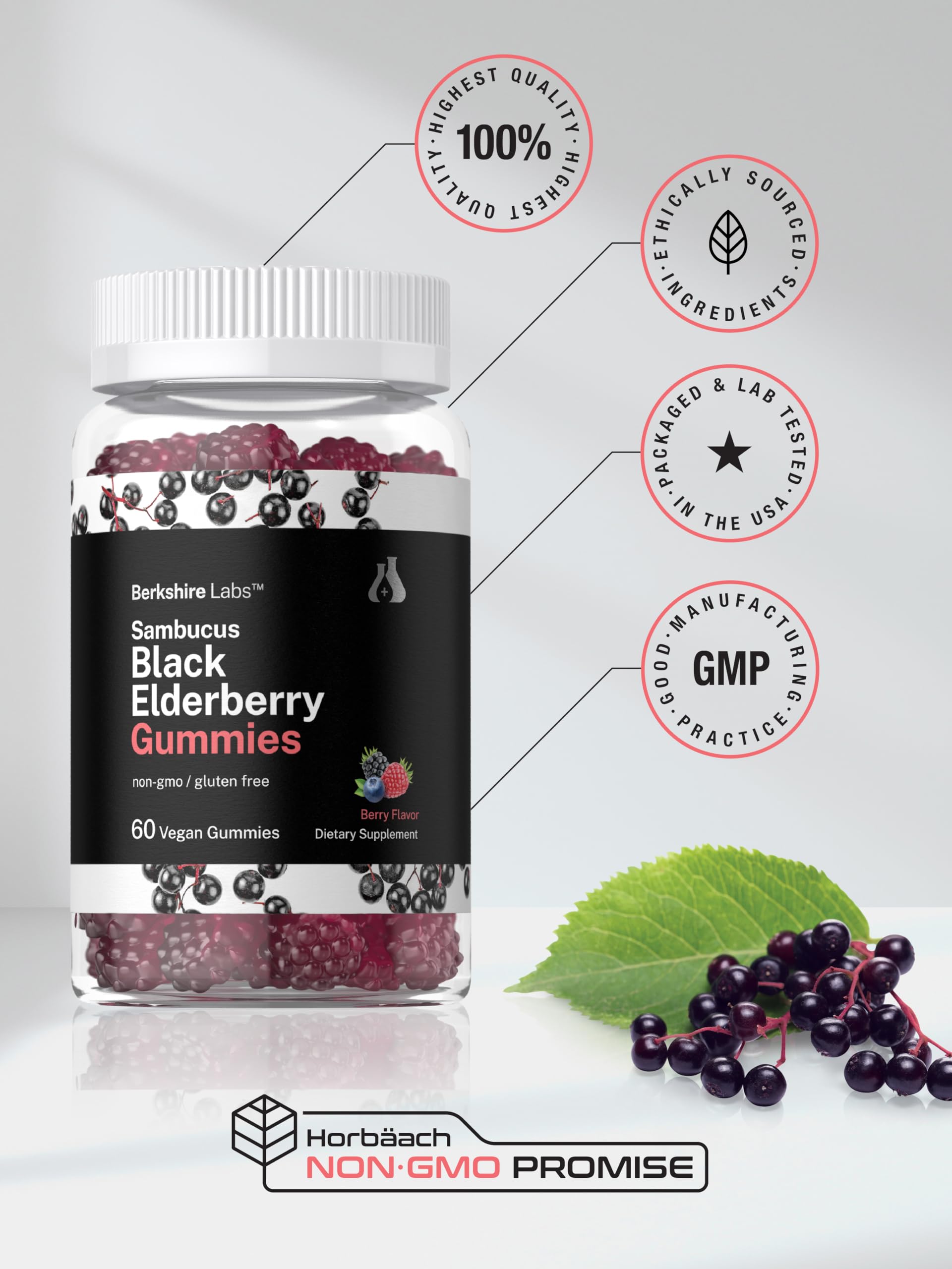 Ingredient panel highlights elderberry, vitamin C, and zinc.