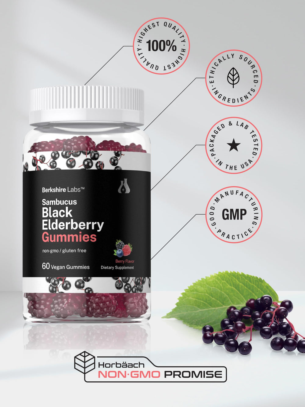 Ingredient panel highlights elderberry, vitamin C, and zinc.